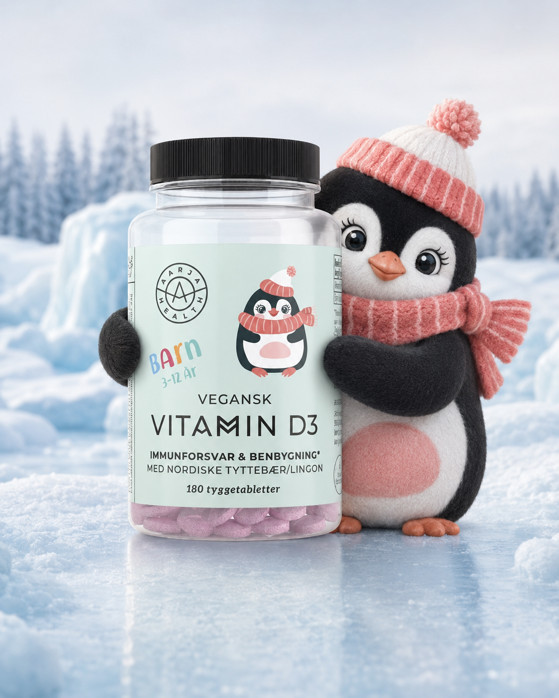 Vitamin D3 for barn fra Aarja Health med pingvin i vinterlandskap
